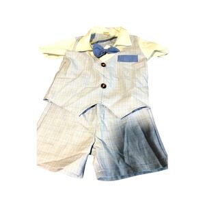 Kids Baby Blue Plaid Vest Outfit Set with Bowtie, Toddler Formal Wear 2-3 year